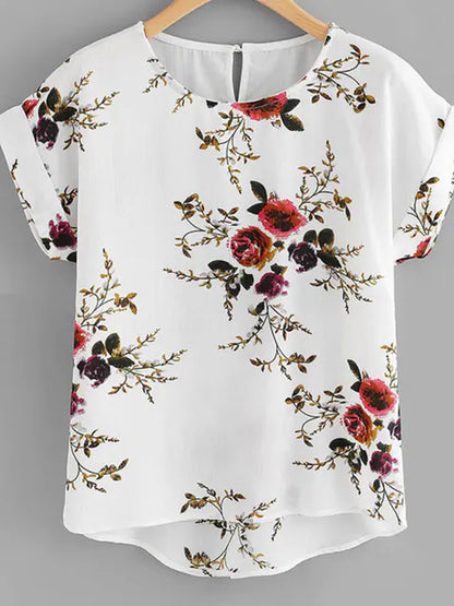 Floral Print O-Neck Blouse for Women Short Sleeve Top