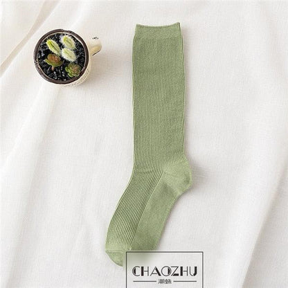 High School Girls High Socks Solid Colors Double Needles Knitting Cotton Long Socks for Women