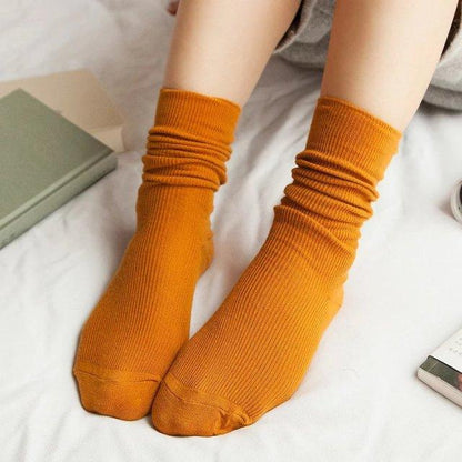 High School Girls High Socks Solid Colors Double Needles Knitting Cotton Long Socks for Women