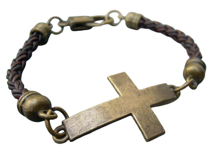 Cross  Bracelet Braided Leather  Bronze Toned  with lobster Clasp Closure