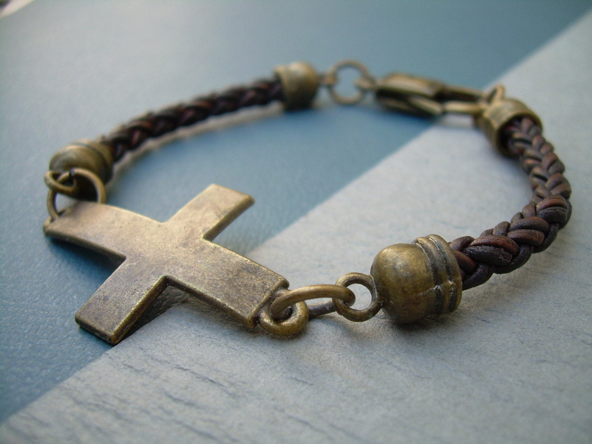 Cross  Bracelet Braided Leather  Bronze Toned  with lobster Clasp Closure
