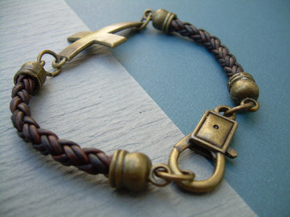 Cross  Bracelet Braided Leather  Bronze Toned  with lobster Clasp Closure