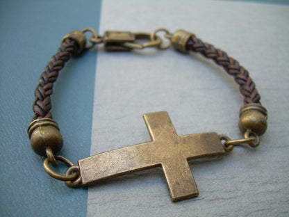 Cross  Bracelet Braided Leather  Bronze Toned  with lobster Clasp Closure