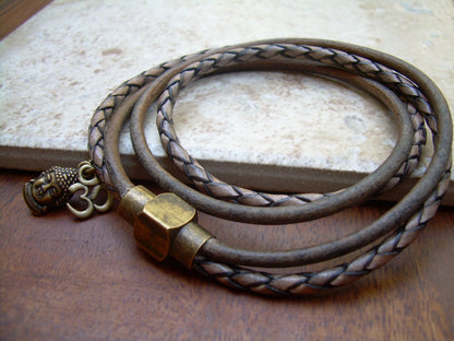 Double Wrap Leather Charm Bracelet for Men & Women, Magnetic Clasp, Brass Finish