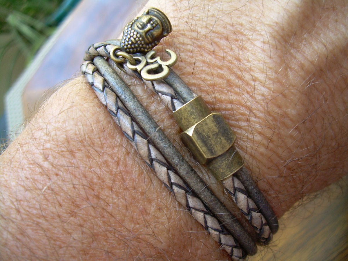 Double Wrap Leather Charm Bracelet for Men & Women, Magnetic Clasp, Brass Finish