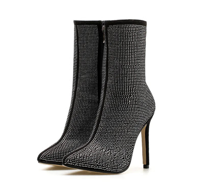Rhinestone High Heel Boots with Pointed Toe