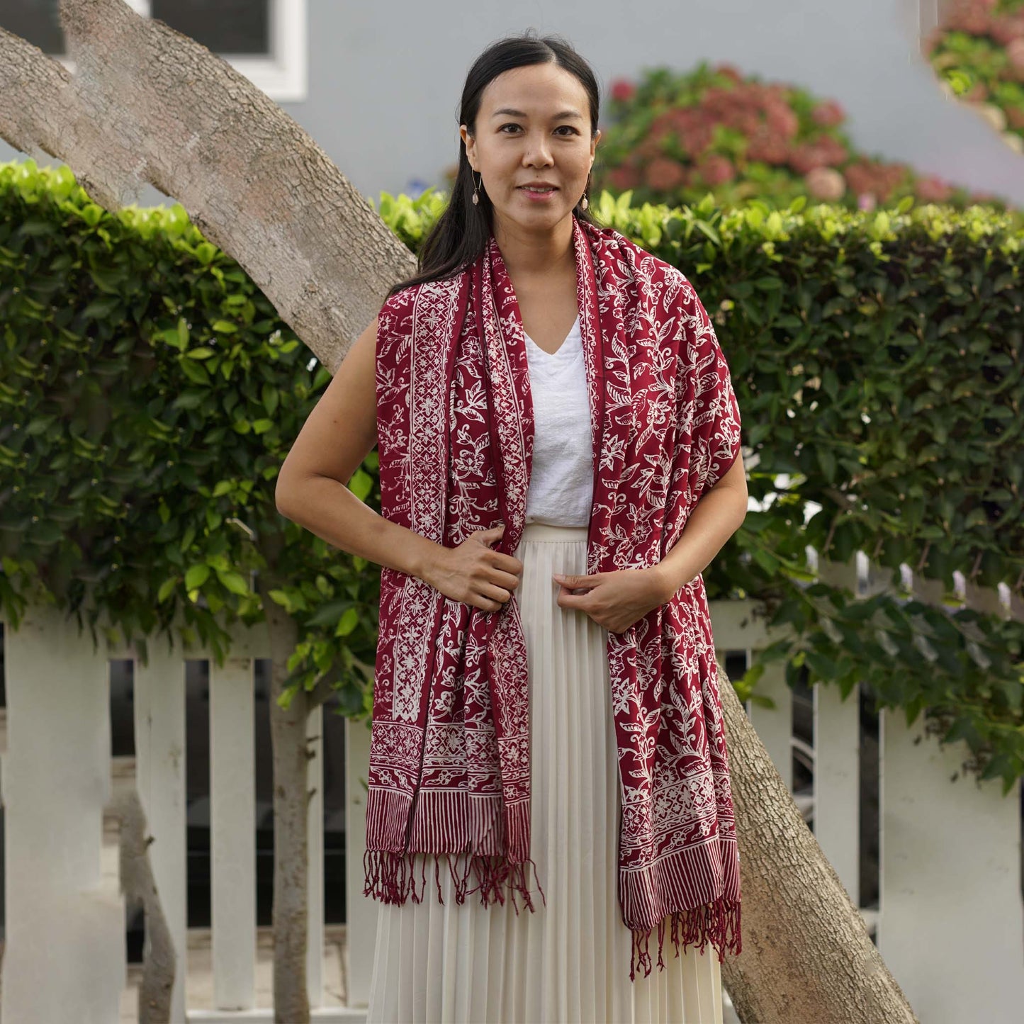 Handmade Batik Scarf, soft Cotton, Red White Cherish, Burgundy