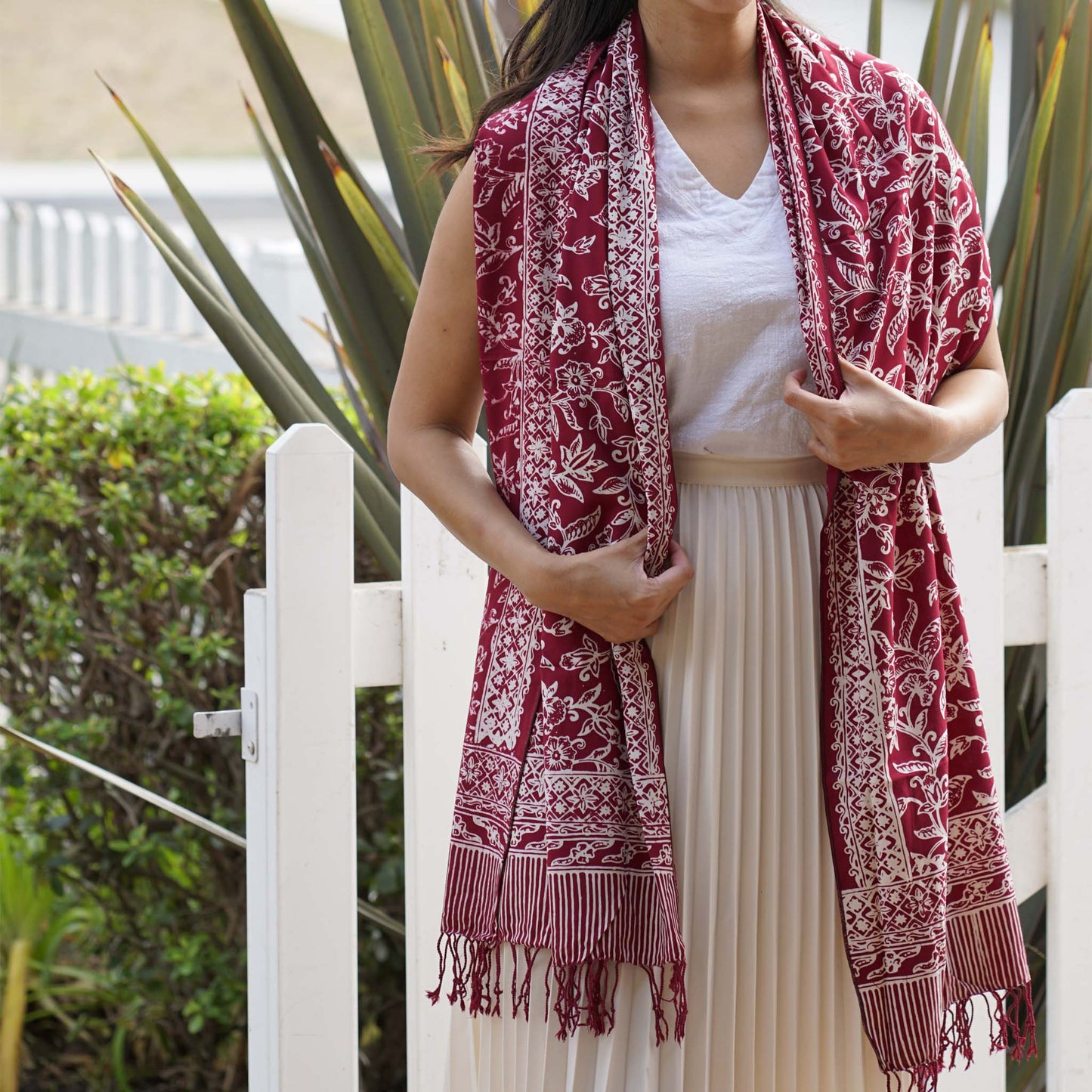 Handmade Batik Scarf, soft Cotton, Red White Cherish, Burgundy