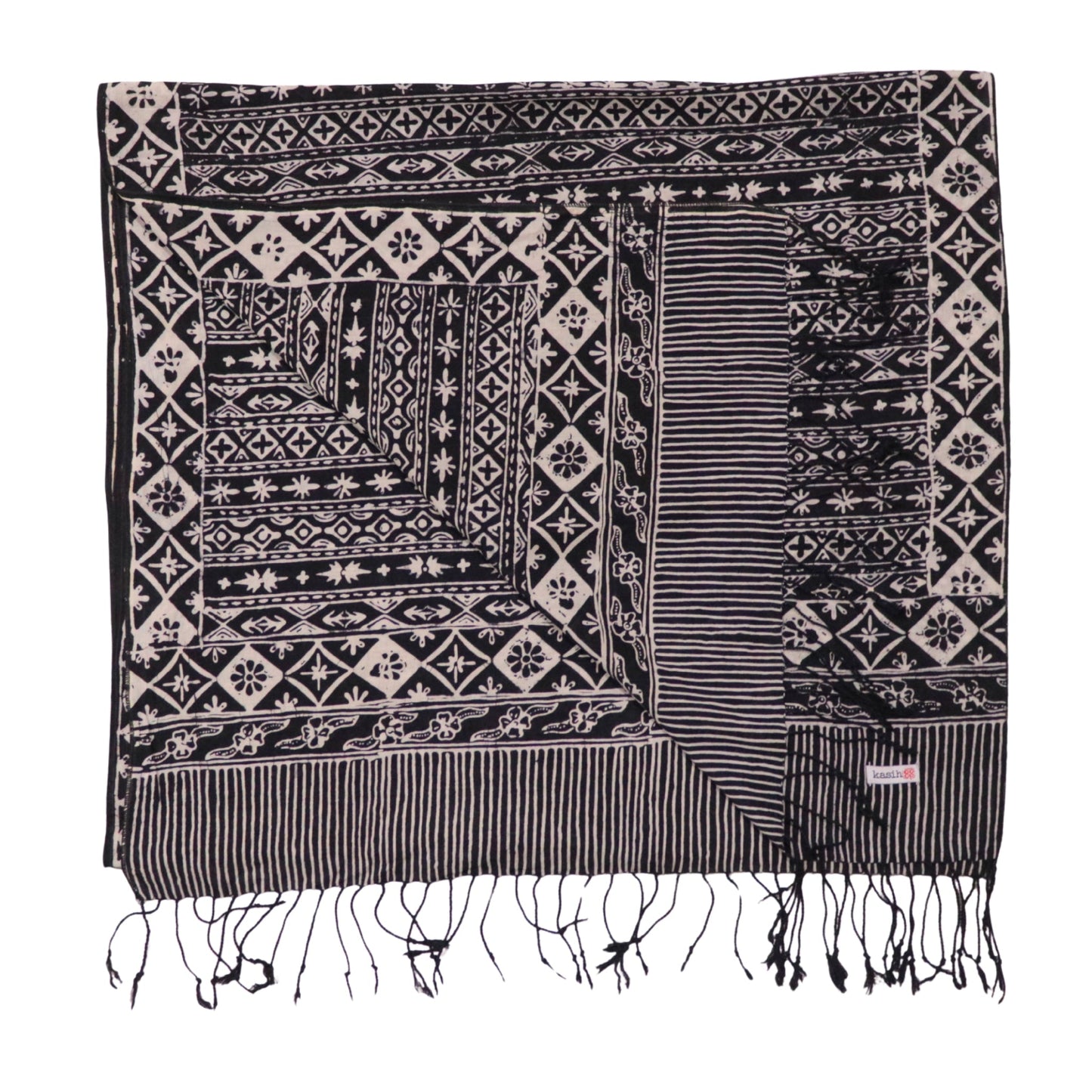 Hand Dyed Batik Scarf, 100% Cotton Fabric, Black White, Geometric