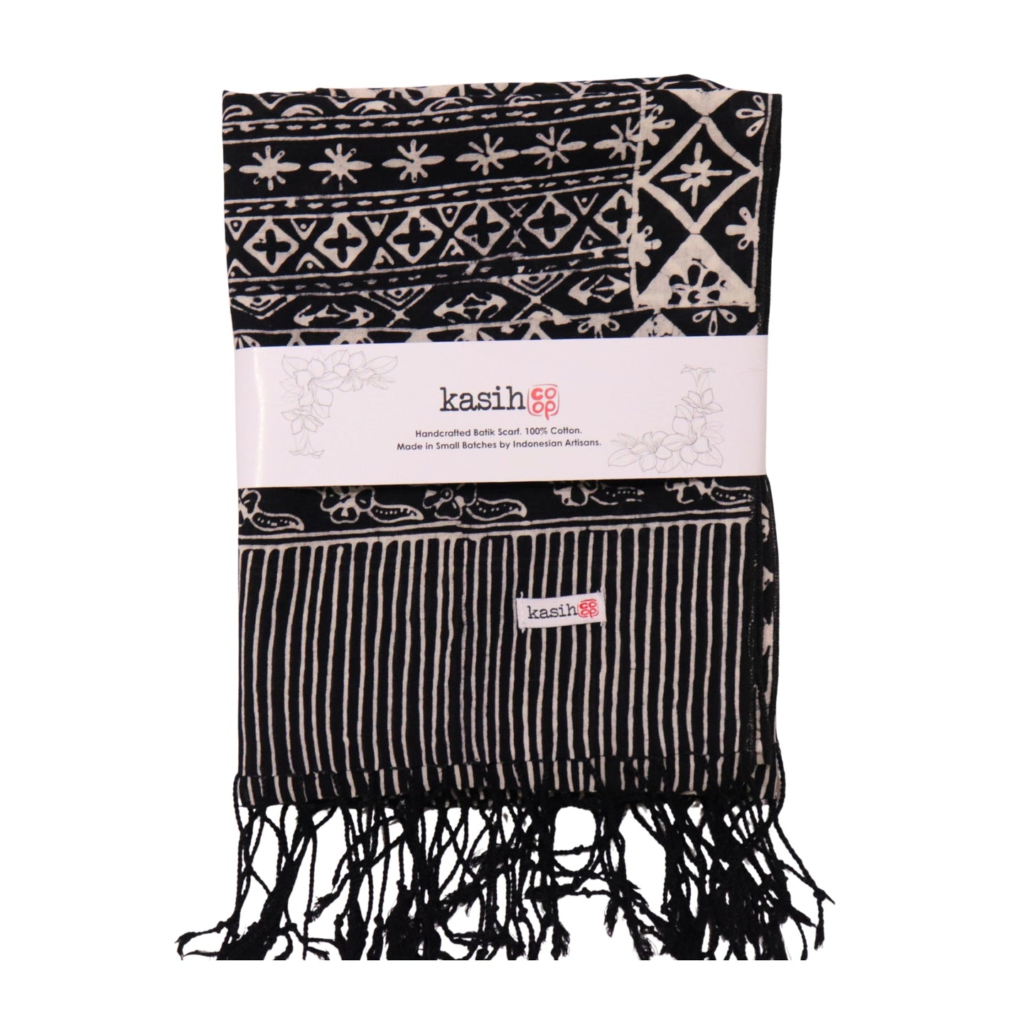 Hand Dyed Batik Scarf, 100% Cotton Fabric, Black White, Geometric