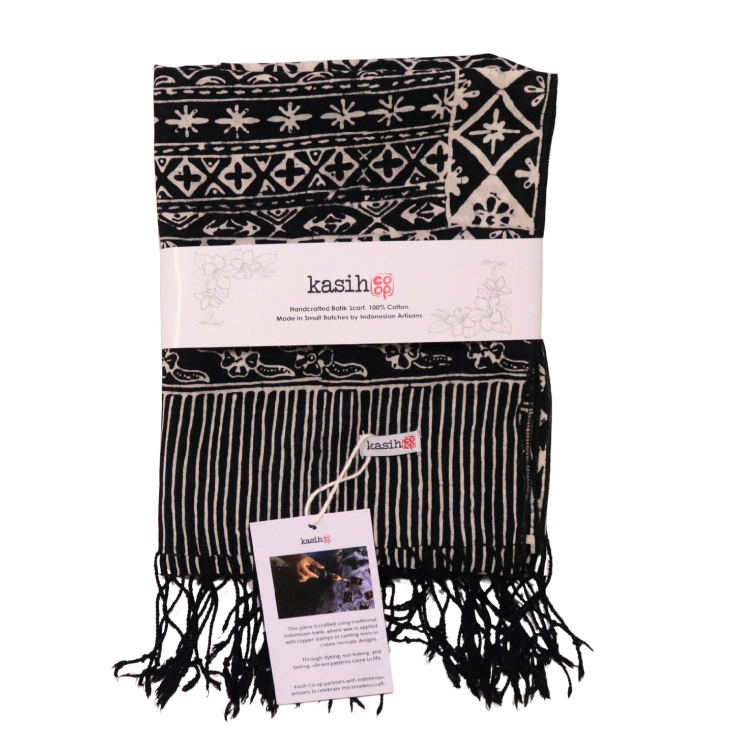 Hand Dyed Batik Scarf, 100% Cotton Fabric, Black White, Geometric