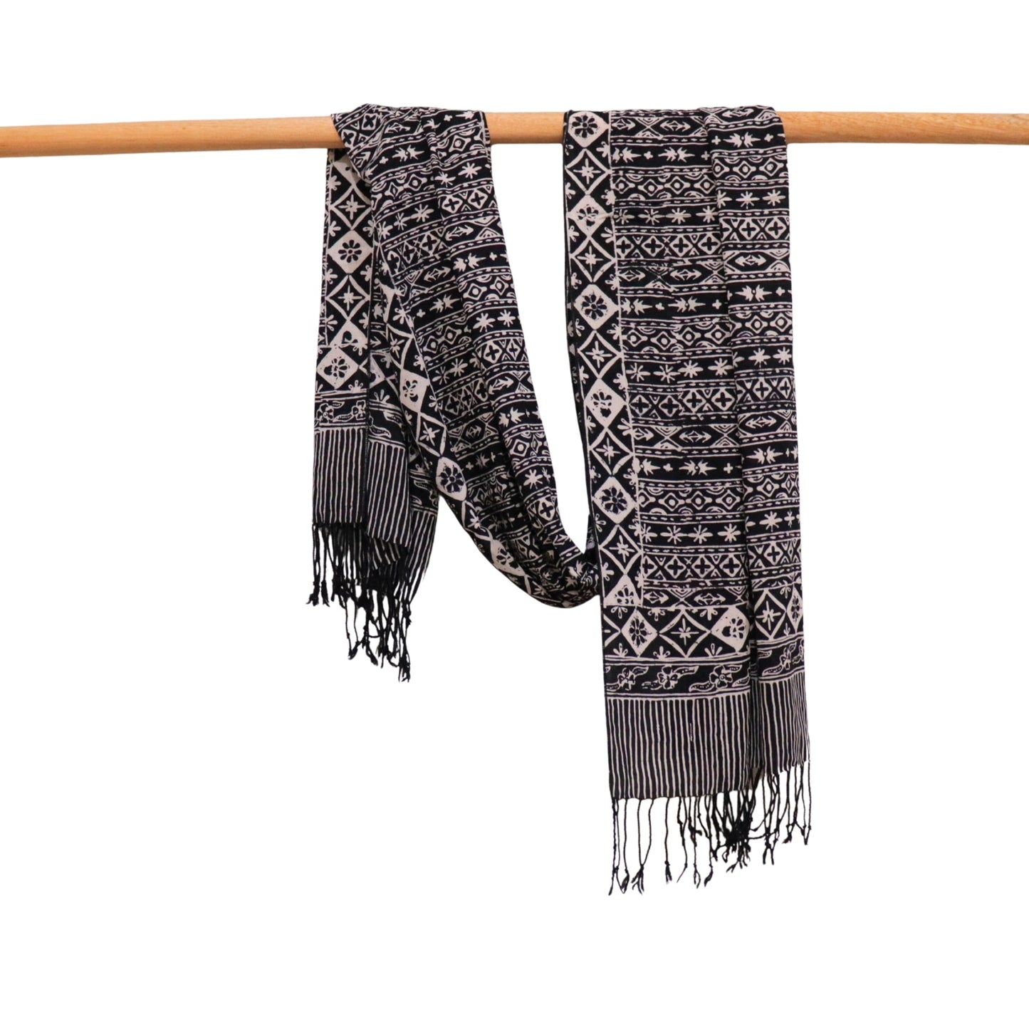 Hand Dyed Batik Scarf, 100% Cotton Fabric, Black White, Geometric