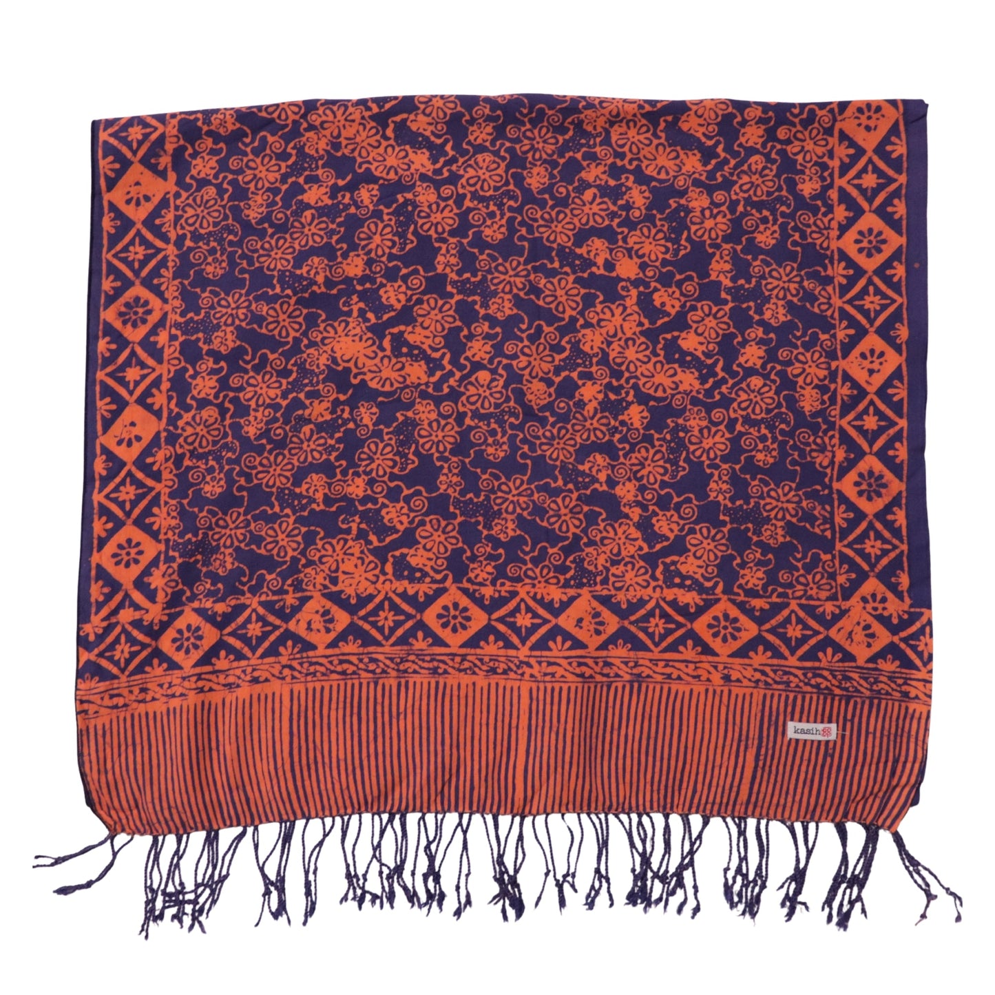 Hand Dyed Batik Scarf, Soft Cotton, Mangosteen, Blue, Pink, Fruit, Floral