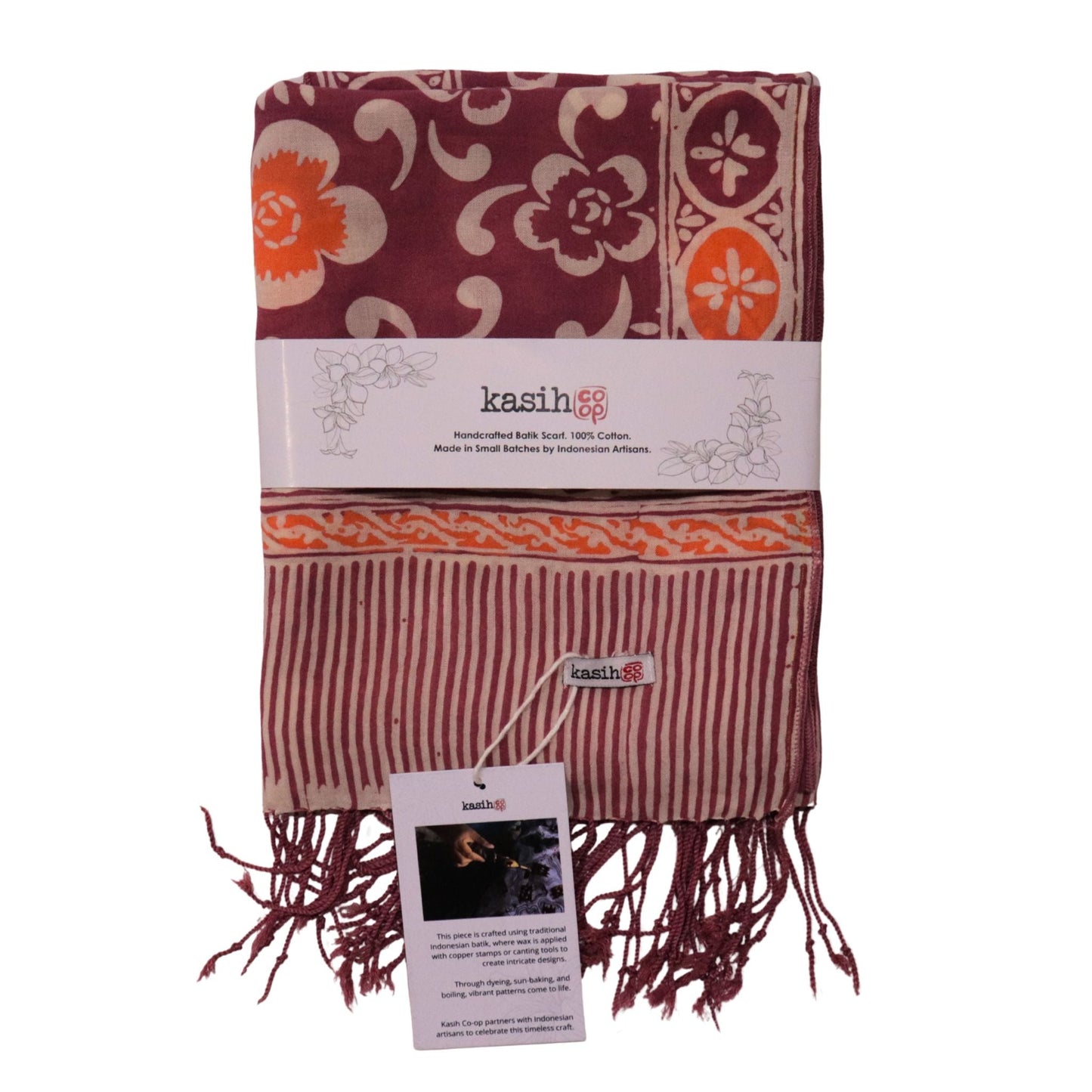 Handmade Batik Scarf, Cotton, Plumeria, Pink, Purple, Peach