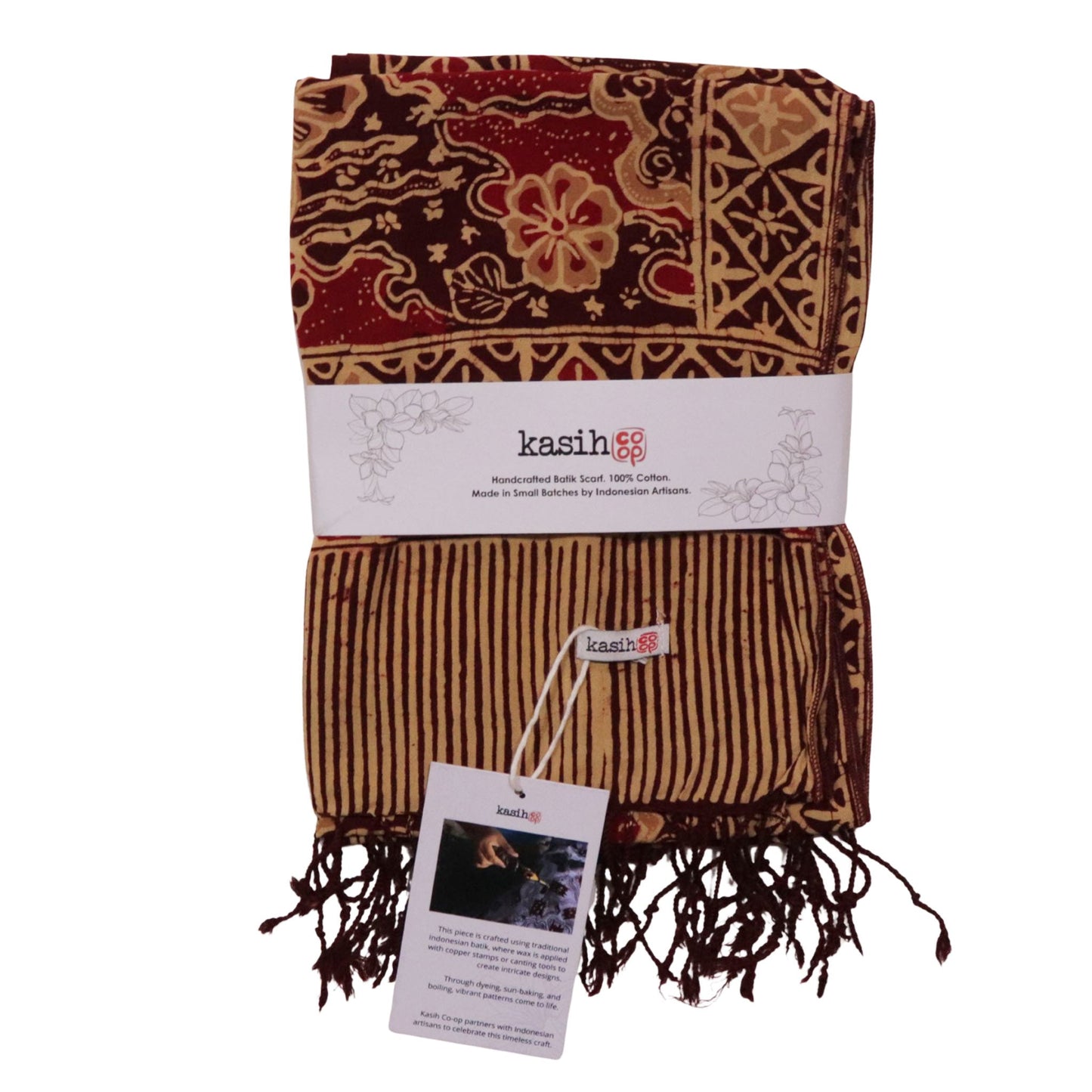 Handmade Batik Scarf, Soft Cotton, Sunlit Garden, Red Burgundy