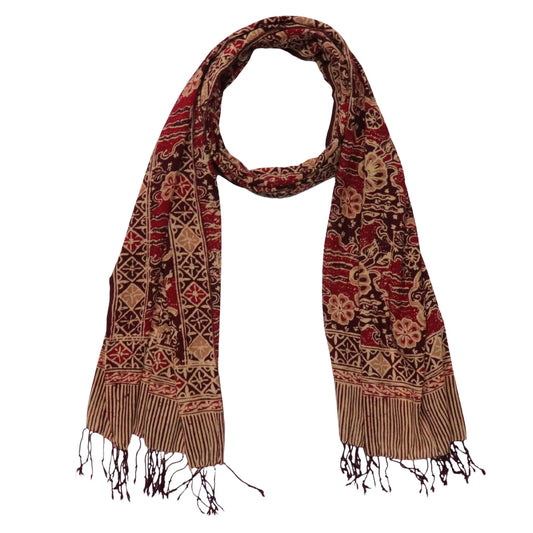 Handmade Batik Scarf, Soft Cotton, Sunlit Garden, Red Burgundy