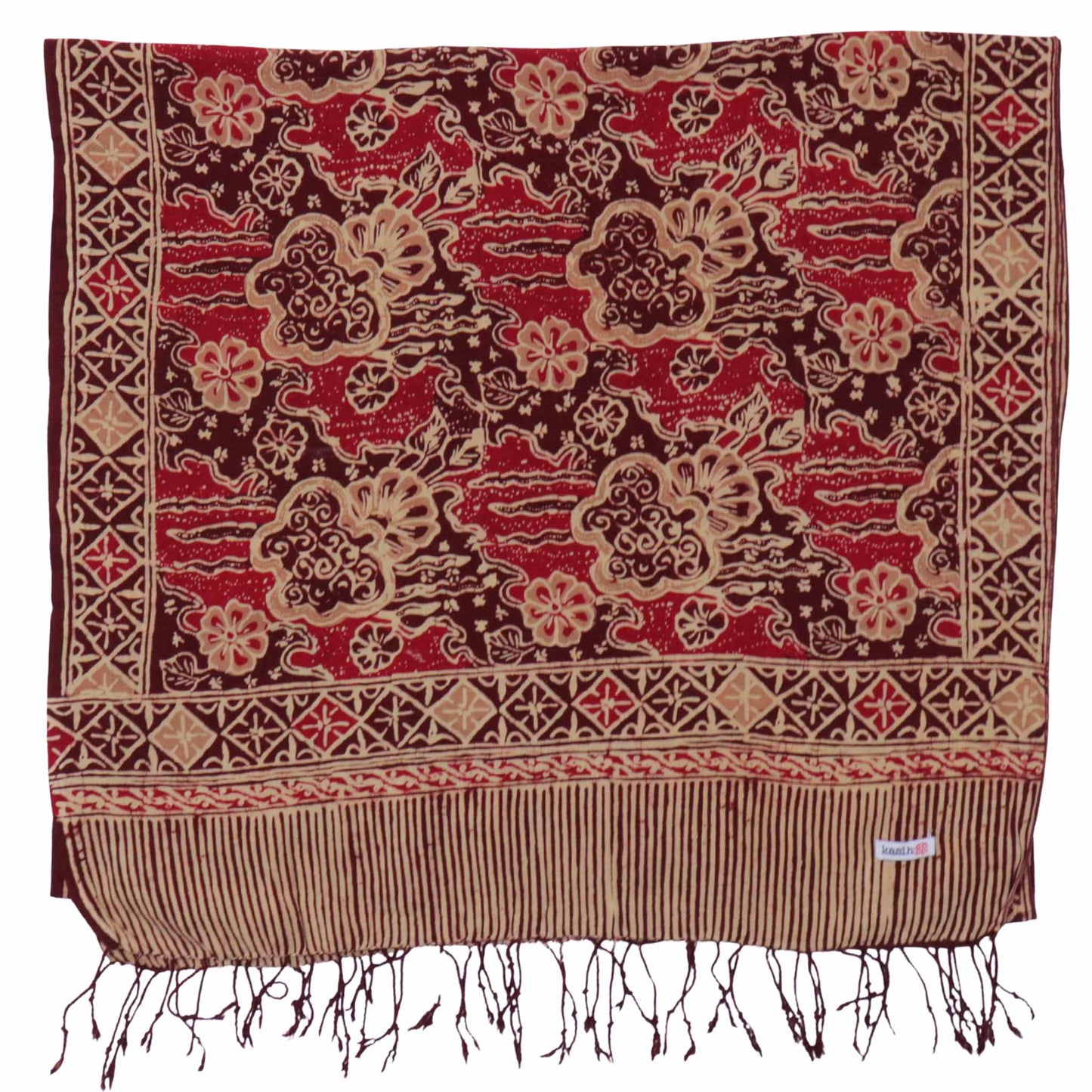 Handmade Batik Scarf, Soft Cotton, Sunlit Garden, Red Burgundy