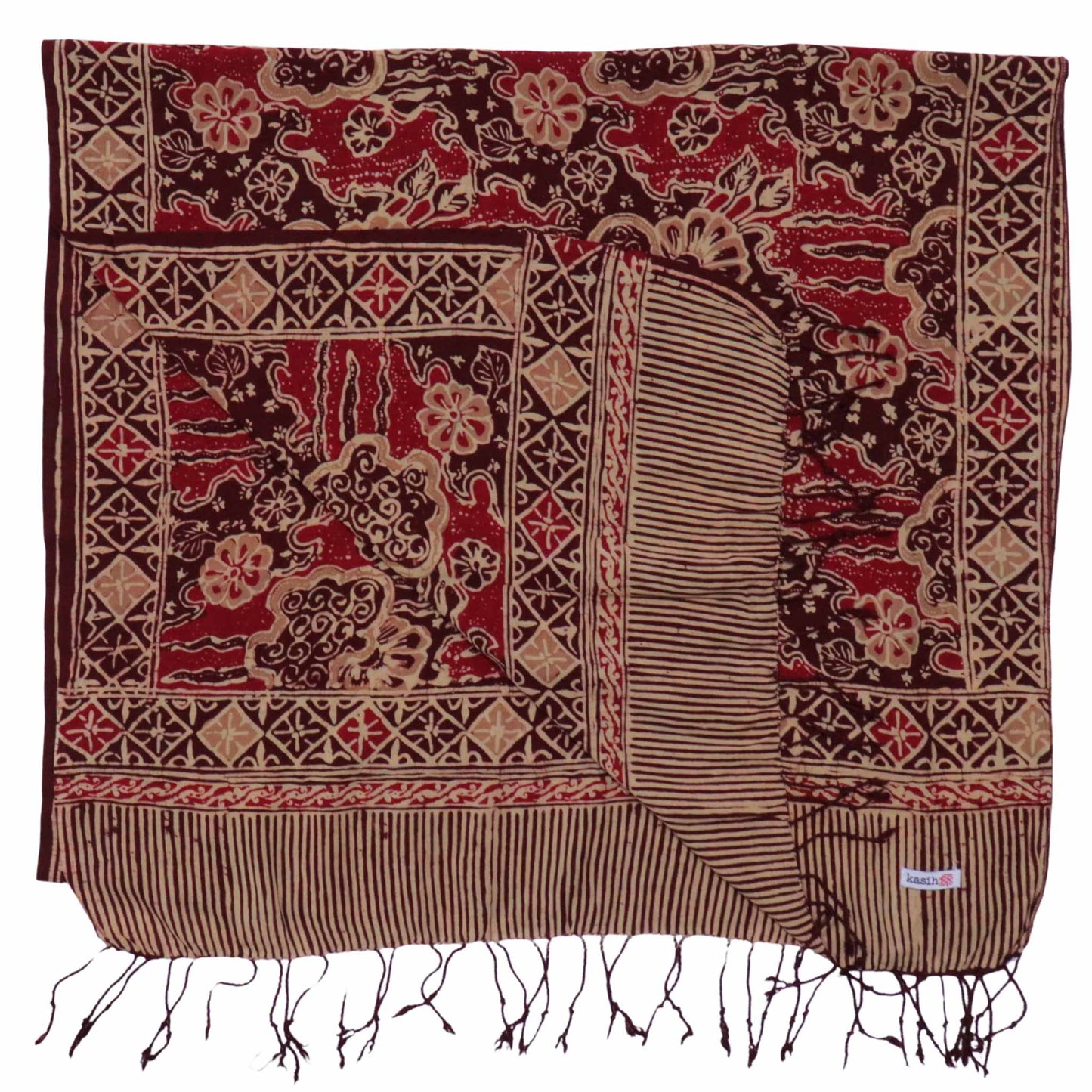 Handmade Batik Scarf, Soft Cotton, Sunlit Garden, Red Burgundy