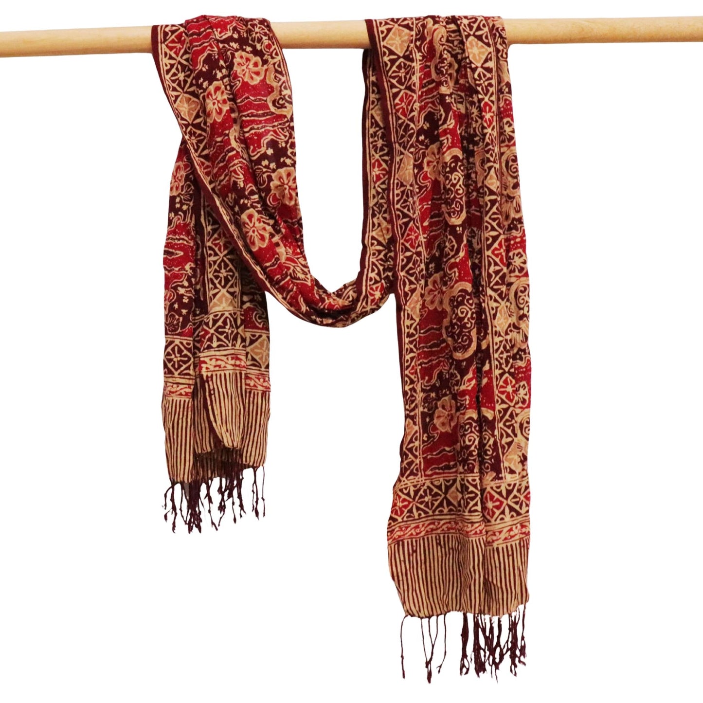 Handmade Batik Scarf, Soft Cotton, Sunlit Garden, Red Burgundy