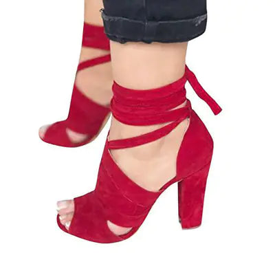 Suede Peep-Toe Sandals with High Chunky Heels