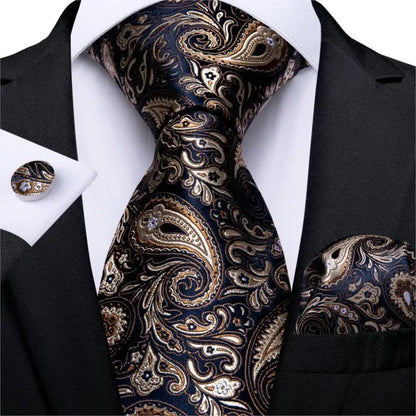 Luxury Wedding Party Floral Design Silk Necktie Hanky And Matching Cufflinks Set For Men Classic Design Necktie Set For Men