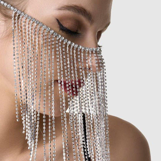 MAC117  Long Fringed Rhinestone Chain Veil Mask