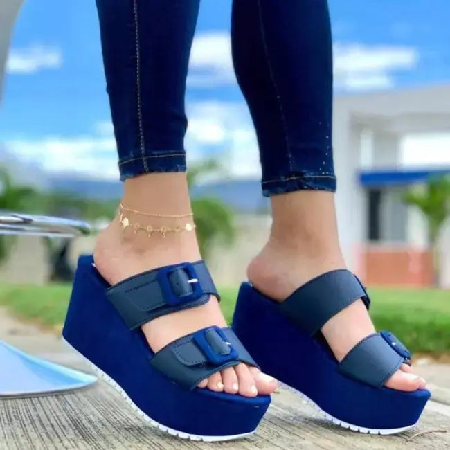 Wedge Heel Platform Slippers with Belt Buckle