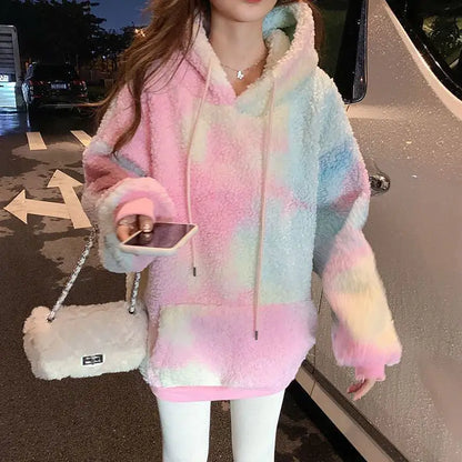 Thick Tie-Dyed Hooded Sweater with Lambswool Fleece