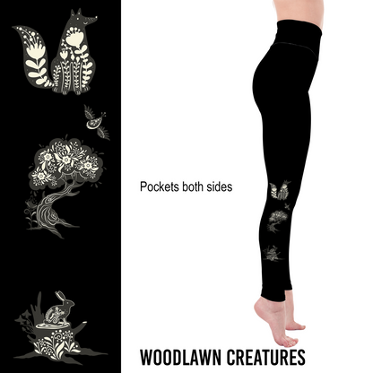 Woodland Creature Leggings with Pockets – Folk Art Nature Design