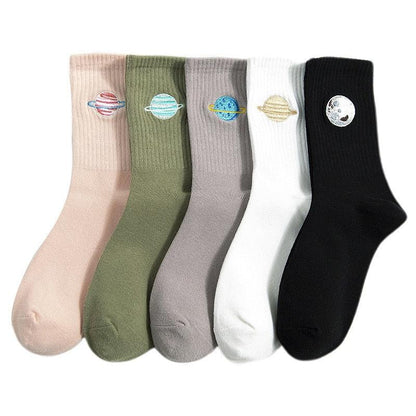 Combed Out Of Pure Cotton Socks Autumn Cute Japanese Harajuku Planet Magic Array Embroidery Long Socks Korean Style Kawaii Girls Socks For Men And Women