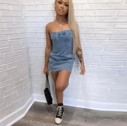 "Sexy Backless Strapless Denim Dress"