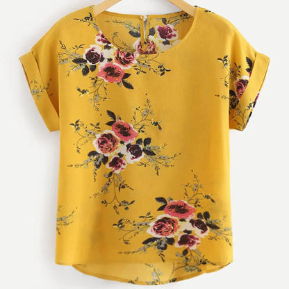 Floral Print O-Neck Blouse for Women Short Sleeve Top