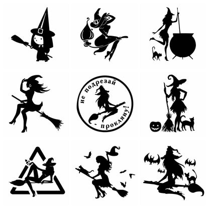 Scary Halloween Witch Flying on Broom Decals