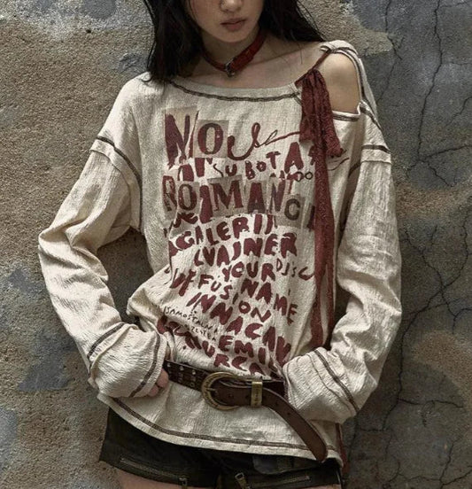 Retro Waste Distressed Long-sleeved T-shirt Top