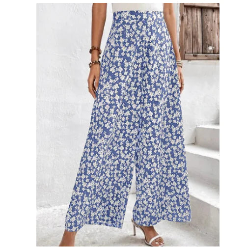 Plus Size Women's Ditsy Print High Rise Wide Leg Pants