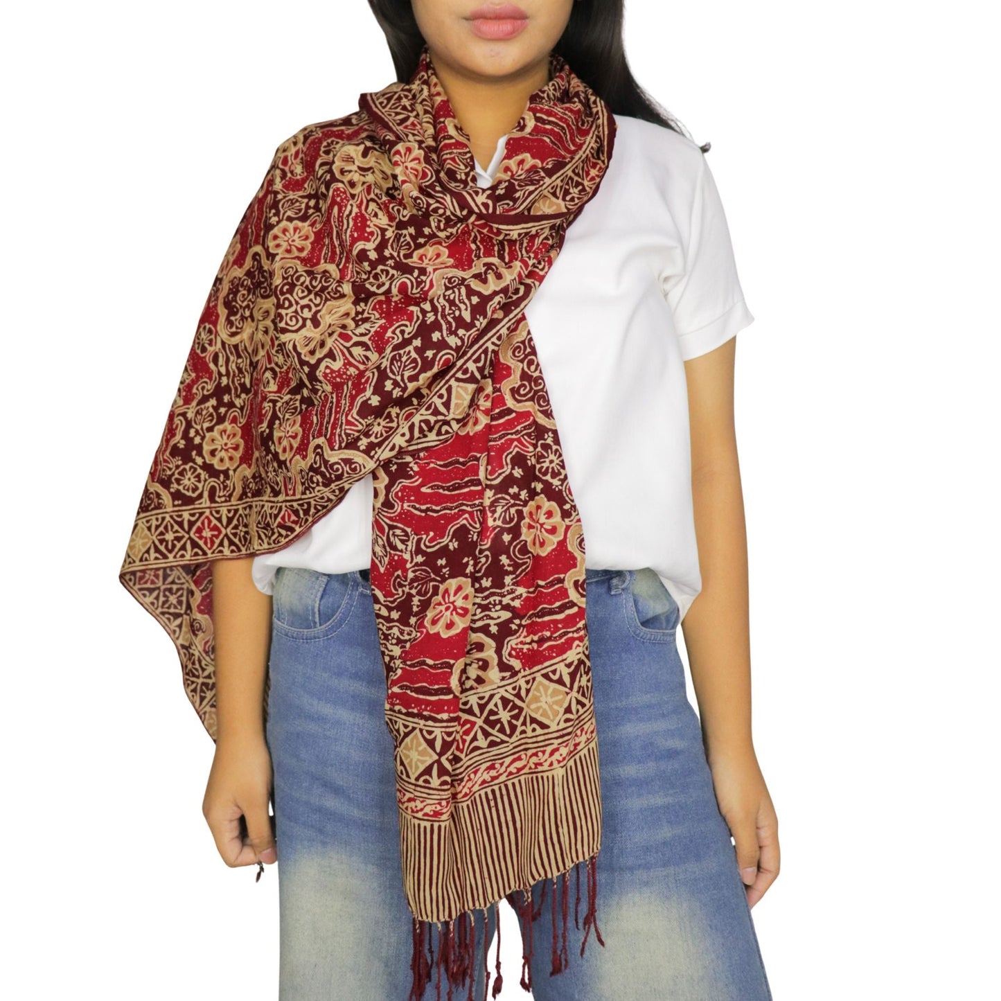 Handmade Batik Scarf, Soft Cotton, Sunlit Garden, Red Burgundy