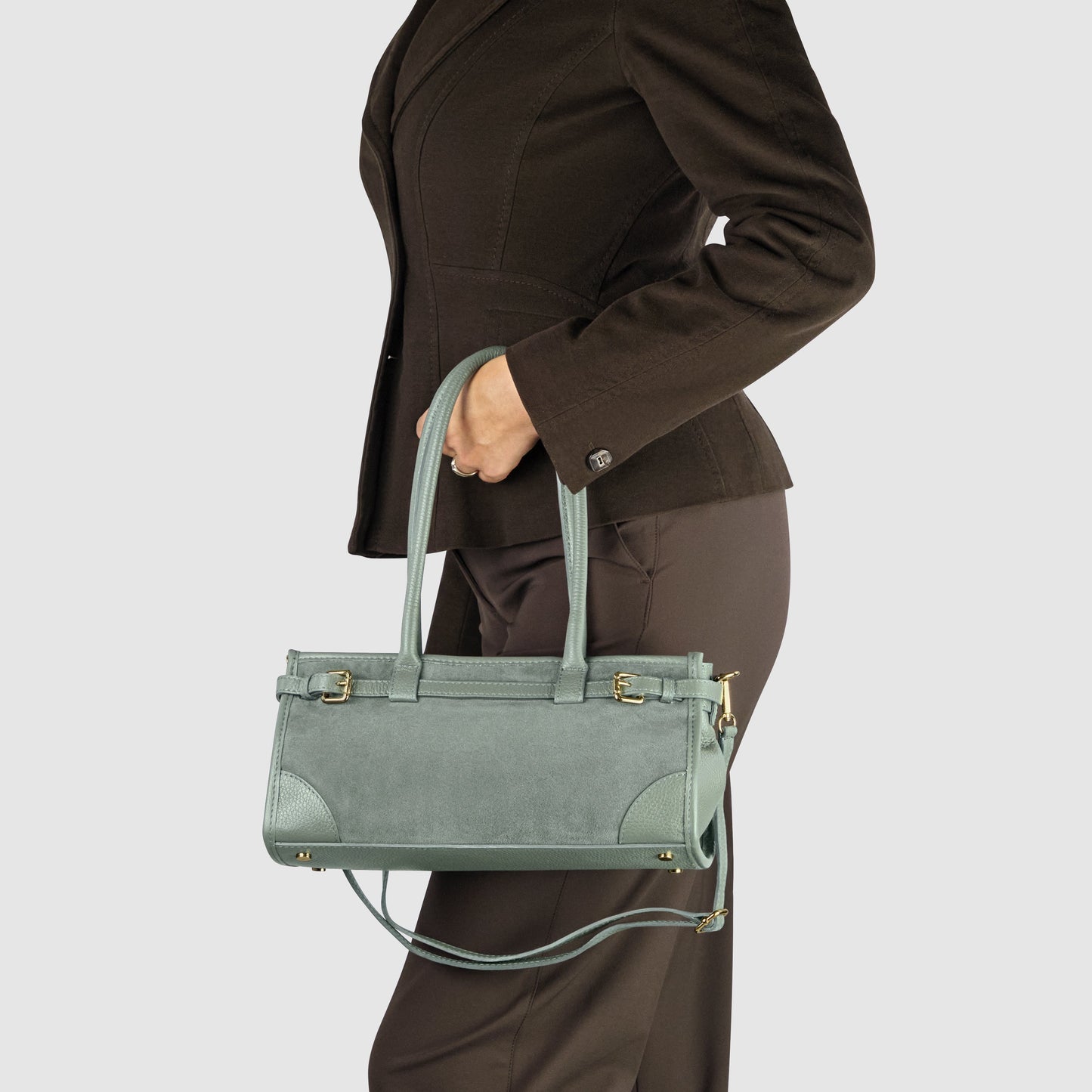 Calf & Suede Leather Top-Handle Bag