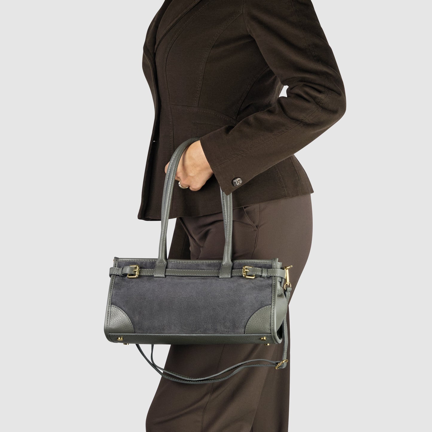 Calf & Suede Leather Top-Handle Bag