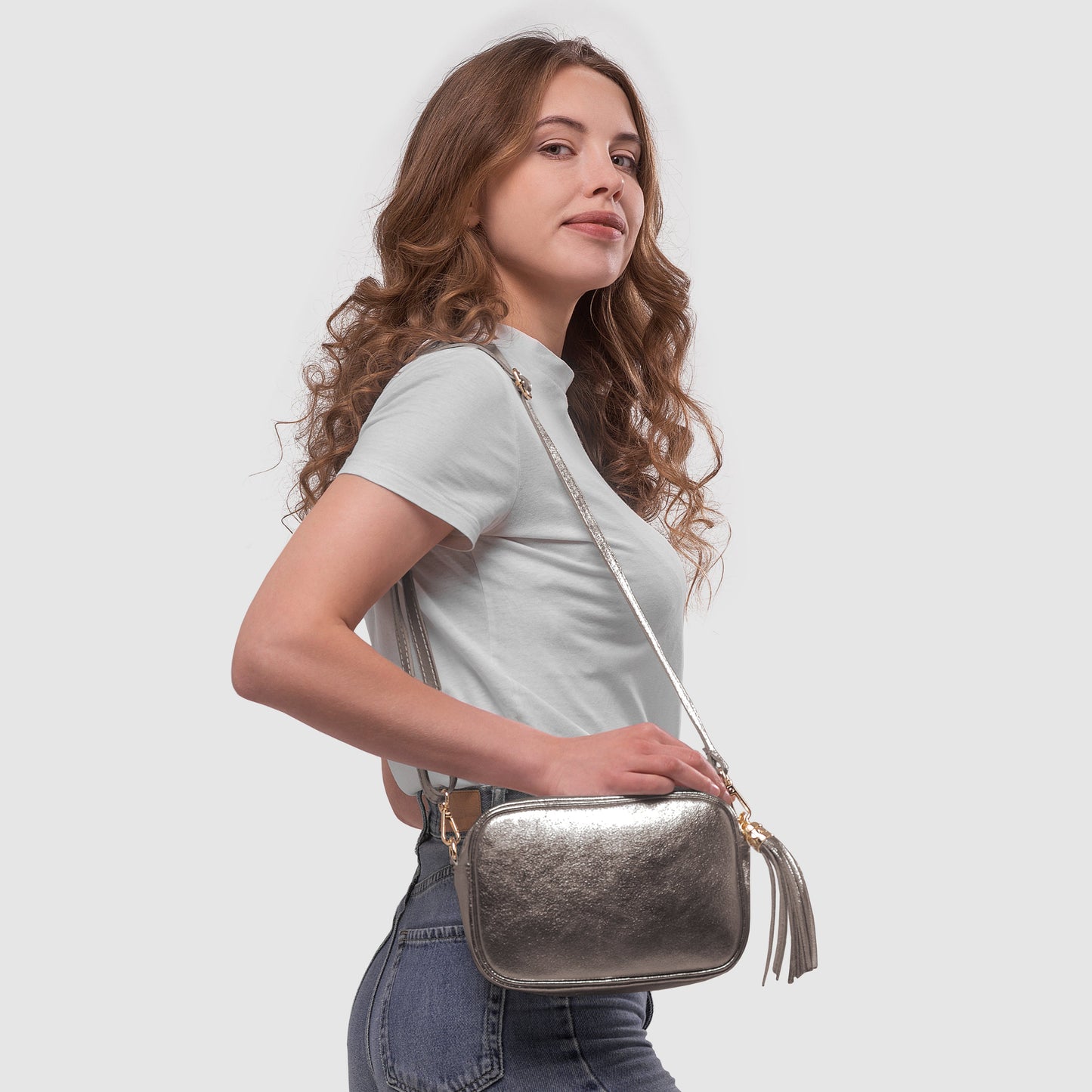 Metallic Suede Leather Crossbody Bag