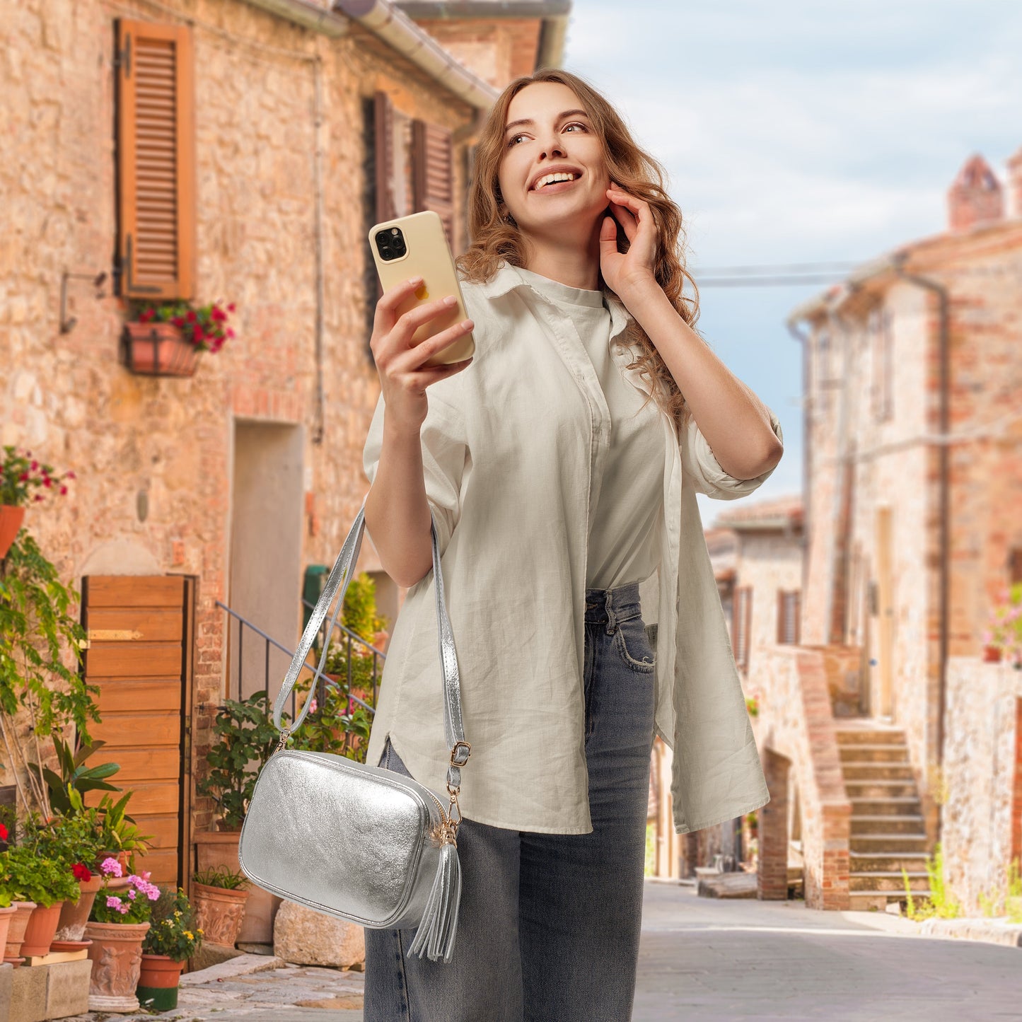 Metallic Suede Leather Crossbody Bag