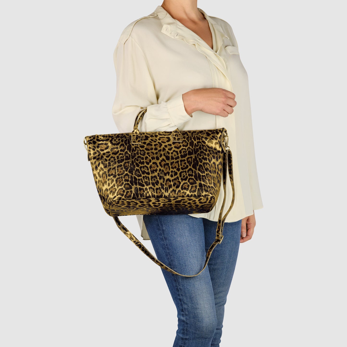 Leopard Metallic Suede Leather Top-Handle Bag