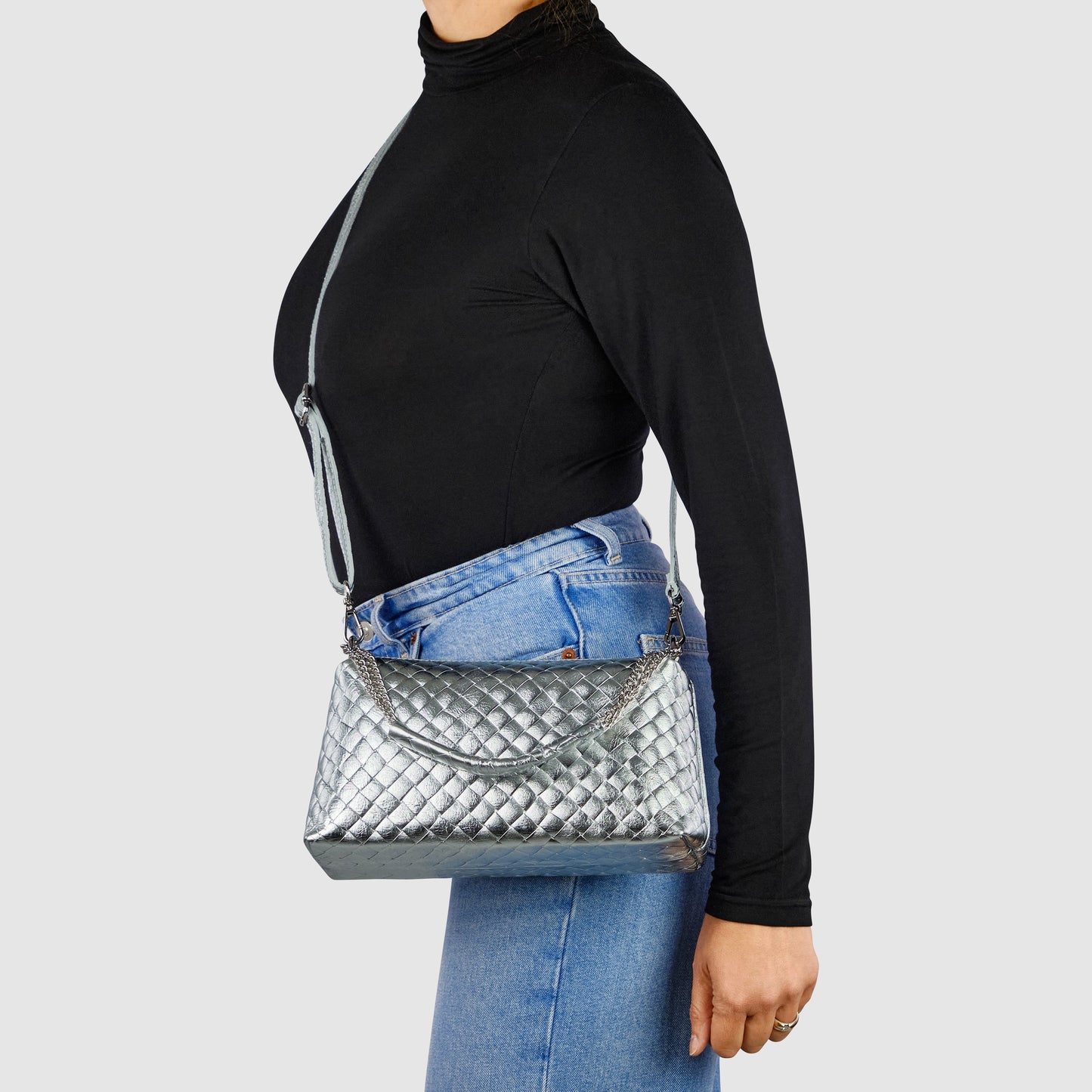 Weave Metallic Suede Leather Crossbody Bag