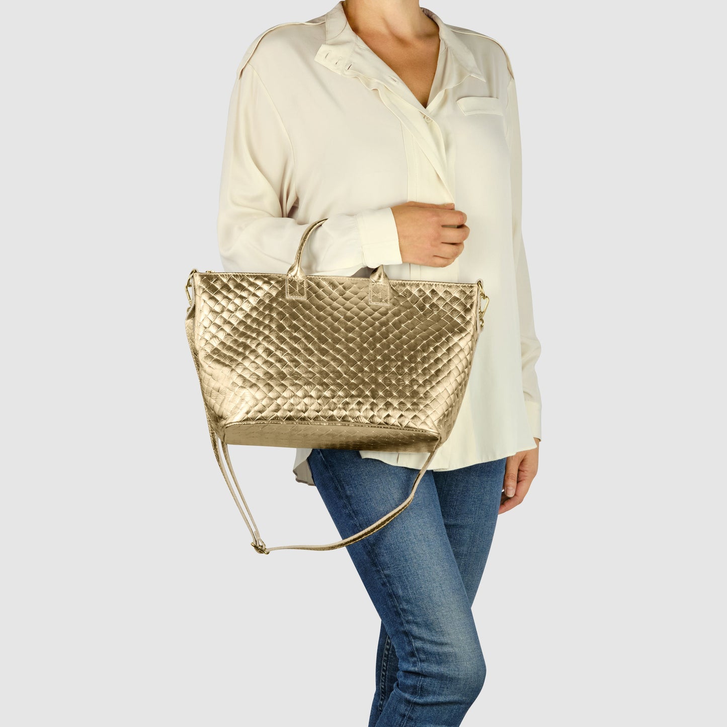Weave Metallic Suede Leather Top-Handle Bag