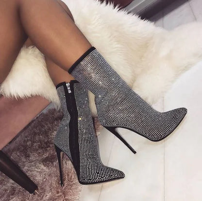 Rhinestone High Heel Boots with Pointed Toe
