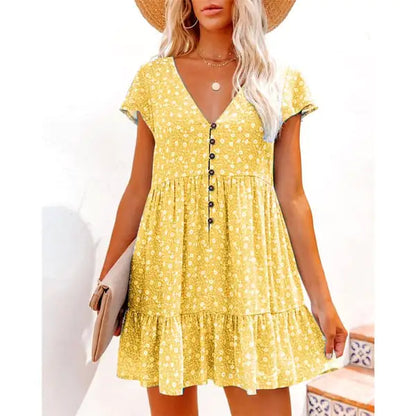 V-Neck Button Floral Short Sleeve Casual Dress