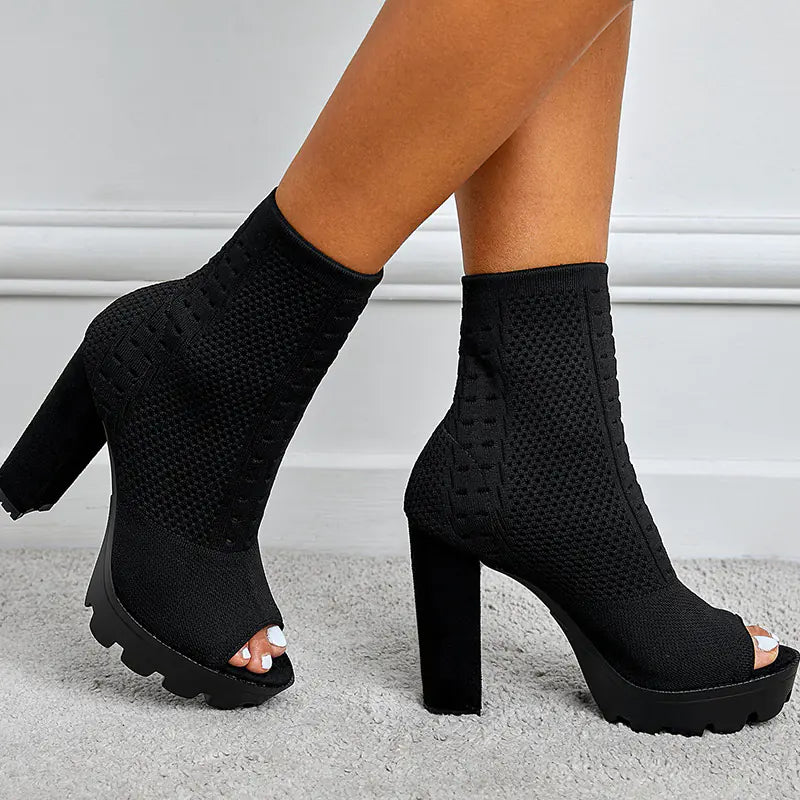 Chunky High Heel Round Toe Fish Mouth Shoes for Women