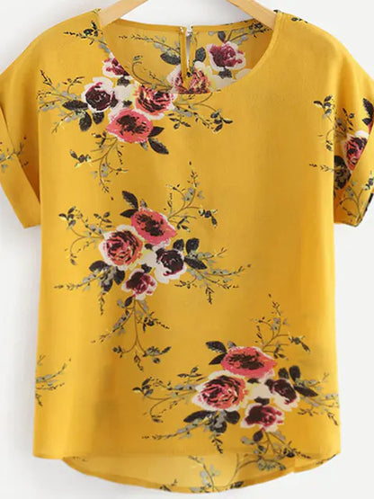 Floral Print O-Neck Blouse for Women Short Sleeve Top