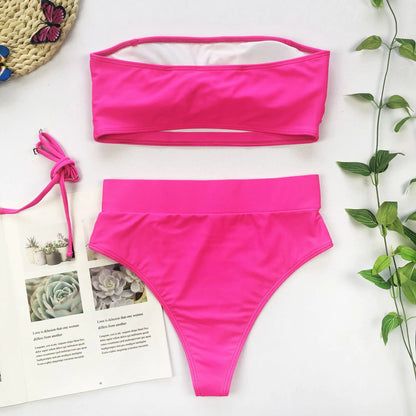 Chic Metal Buckle Strapless Bikini Swimsuit for Women