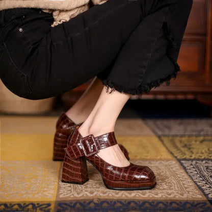 Cowhide Women's Thick Heel High Heels