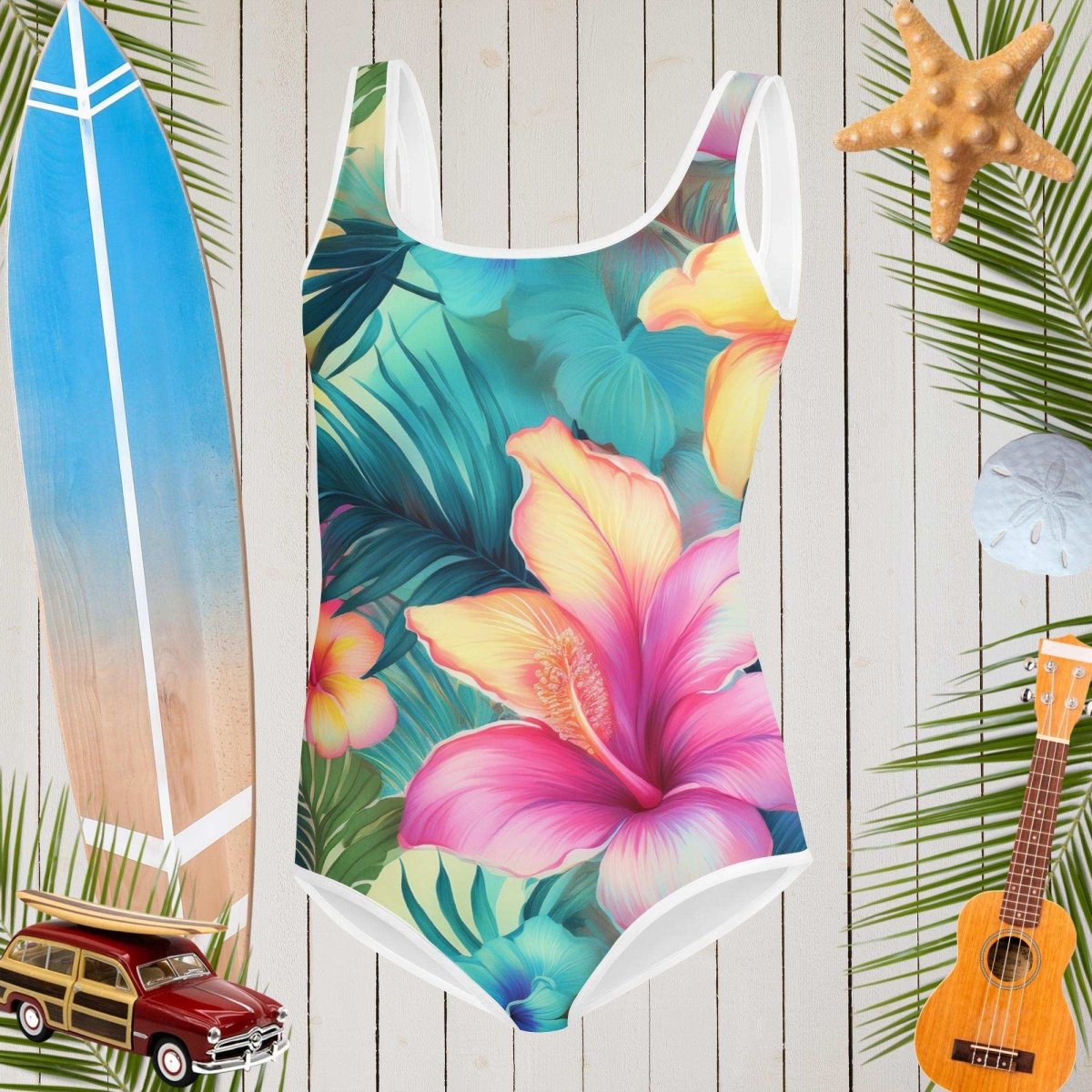 Teen Youth Hawaiian Floral 🌸 Pattern One Piece Swimsuit 🩱